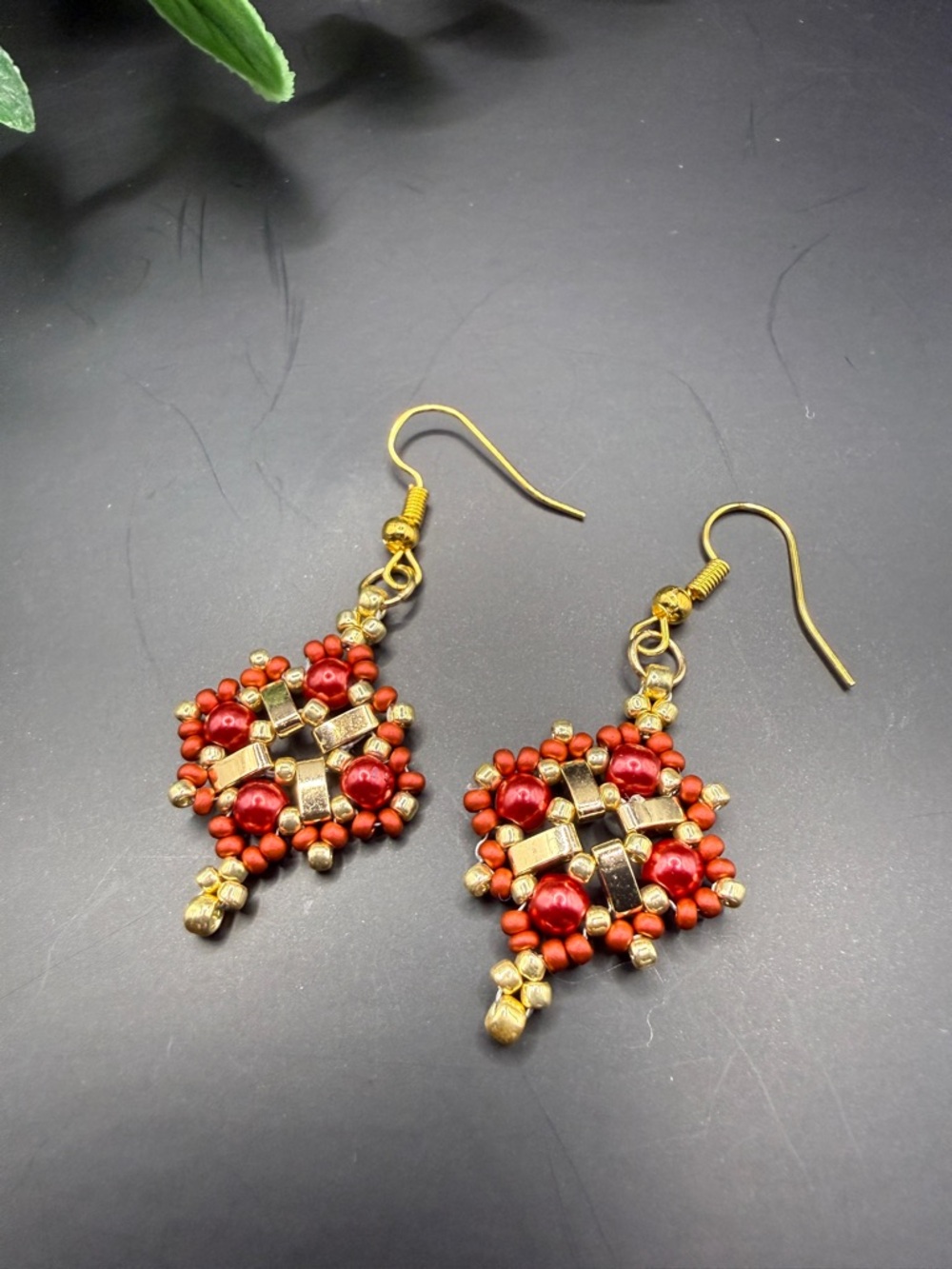 Gold and Red Bead Drop Earrings - Women Jewelry
